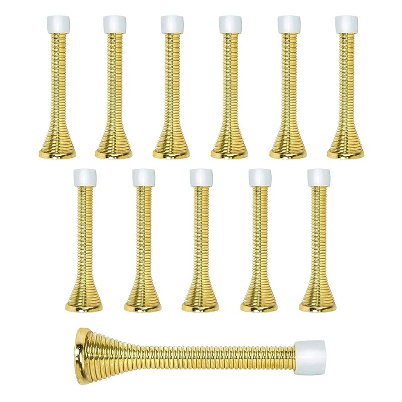 12Pcs Spring Door Stops 3 Flexible Heavy Duty Spring Door Stopper With Rustproof Screw Rubber Bumper Tips: Gold