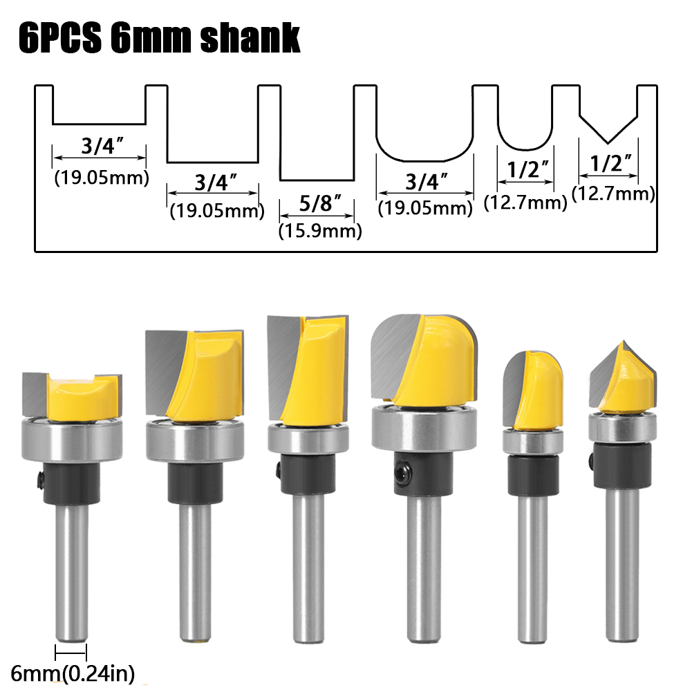 1/4"&amp; 6mm Shank Pattern Bit Flush Trim Bit Straight Bit with Bearing Hinge Mortising Router Bit Wood Trimmer Cutter: 6PCS 6mm shank