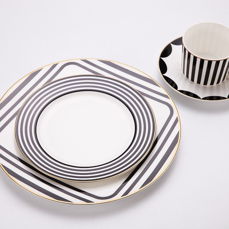 Bone China Servies Set Zwarte En Witte Streep Platte Steak Plaat Koffiekopje En Schotel Dessert Lade Gouden Rand drinkware