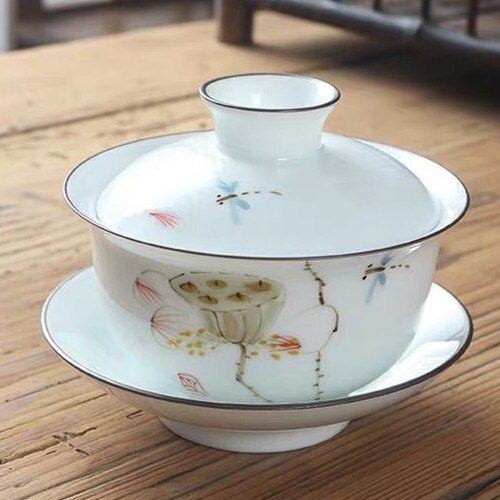 Kinesisk håndlavet keramik gaiwan hvid porcelæn kontor te kop bærbar rejse te skål håndmalet kung fu te sæt drikkevarer: F