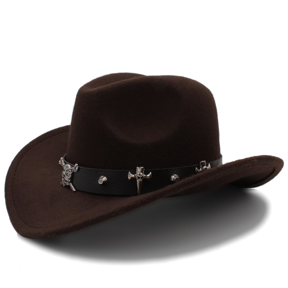 Kvinder mænd uld hule vestlige cowboy hat pirat læder bælte herre far jazz ridning sombrero hombre cap størrelse 56-58cm: Kaffe