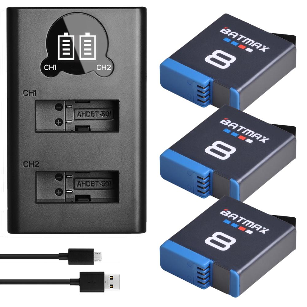 Batmax til gopro hero 8 hero 7 hero 8 6 hero 5 sort batteri akkus + usb lcd -oplader type c til go pro hero 8 kameraer: 3 stk sæt