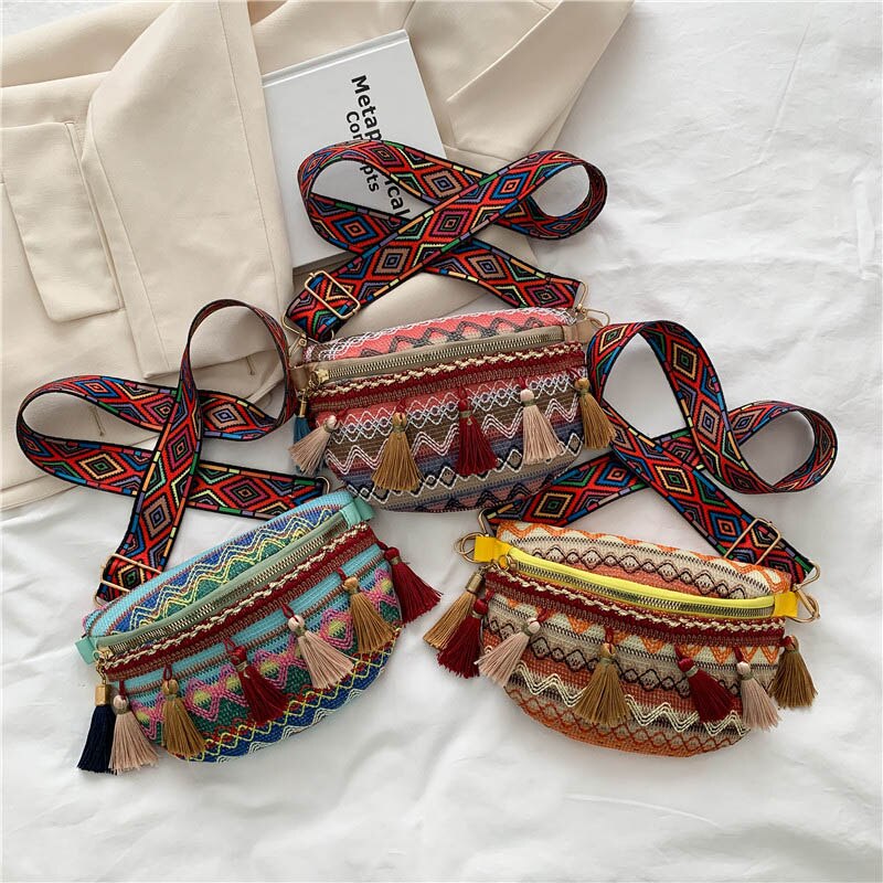 Riñonera de estilo étnico para mujer, bolso de cintura con correa ajustable de Color variado, con decoración de flecos, bandolera informal para el pecho, novedad