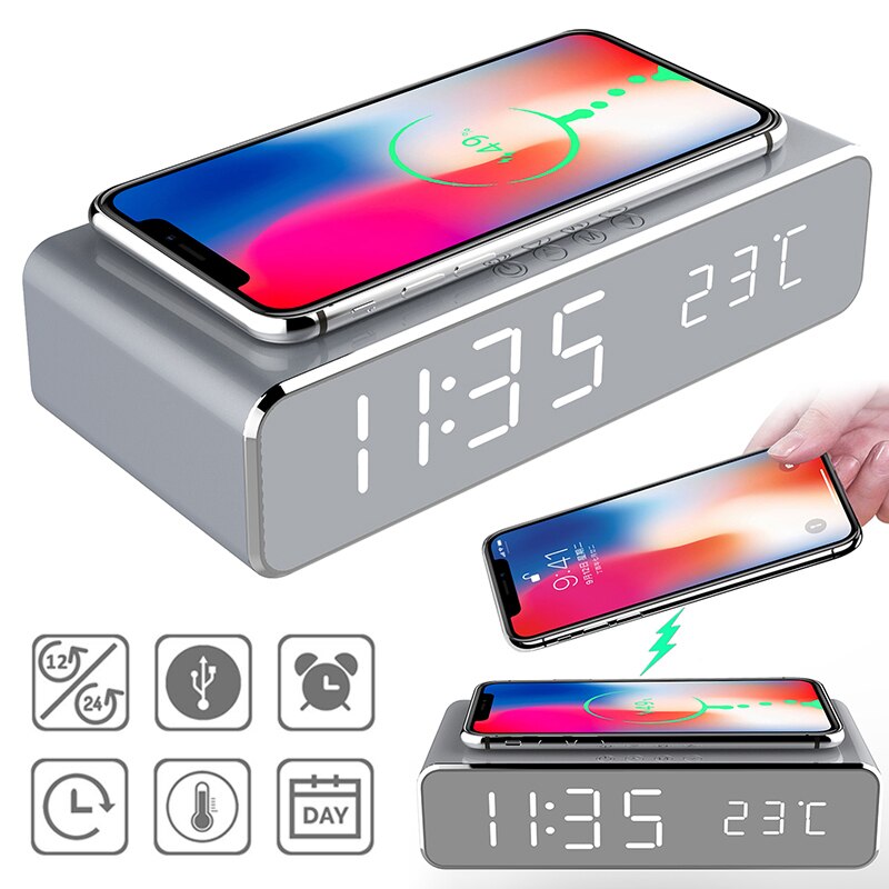 LED Electric Alarm Clock With Phone Charger Wireless Desktop Digital Thermometer Clock HD Clock Mirror With Time Memory