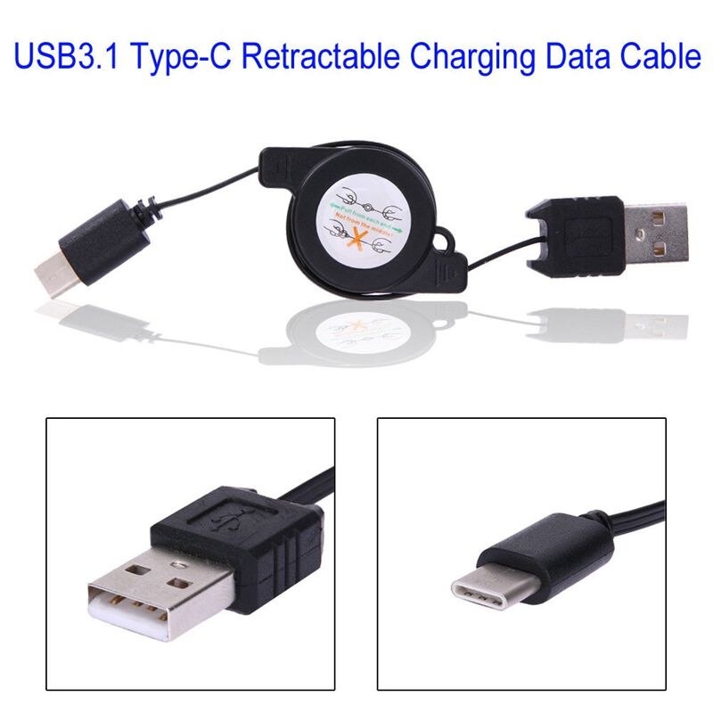 FULL-USB Type C USB 3.1 Retractable Cable Charger Charging Type-C USB-C Cable Black