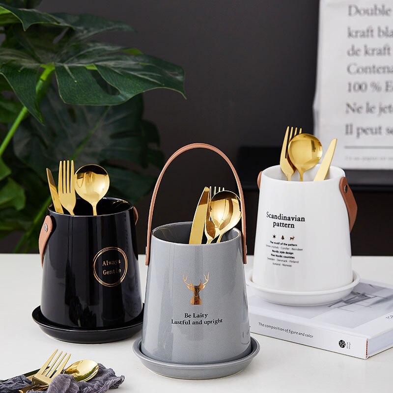 Ceramic Kitchen Cutlery Storage Tube with Drainer and Handle Gadget Tools Organizer Box Accessories Utensil Conatiner Holder Jar