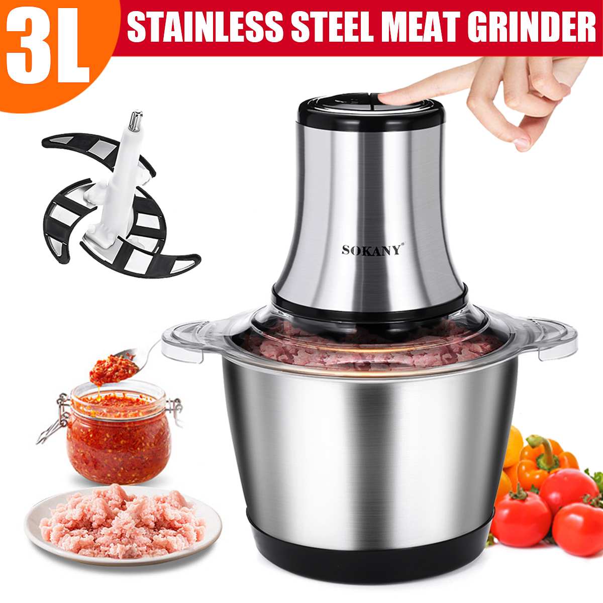 Picadora de carne eléctrica pequeña para el hogar, máquina picadora automática de acero inoxidable, procesador de alimentos, 2 velocidades, 800W, 3L