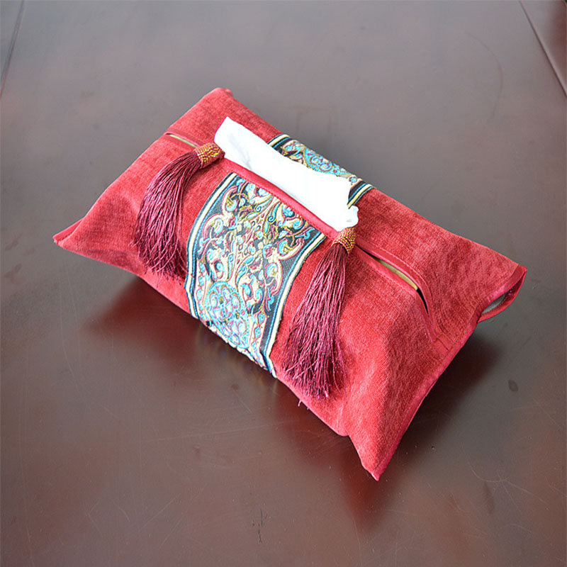 Boîte à mouchoirs brodée Style européen, housse de serviette pompée, sac de rangement classique en papier, décoration pour salle de mariage, voiture et hôtel: Red