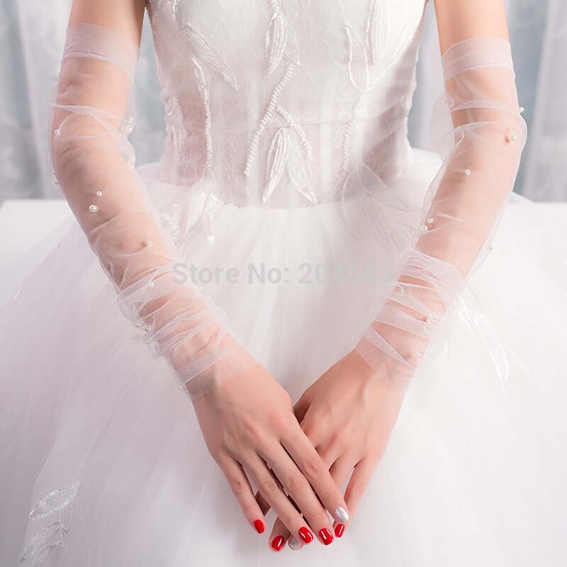 Wedding Party Fingerless Gloves Tulle Long Bridal Gloves with Pearls