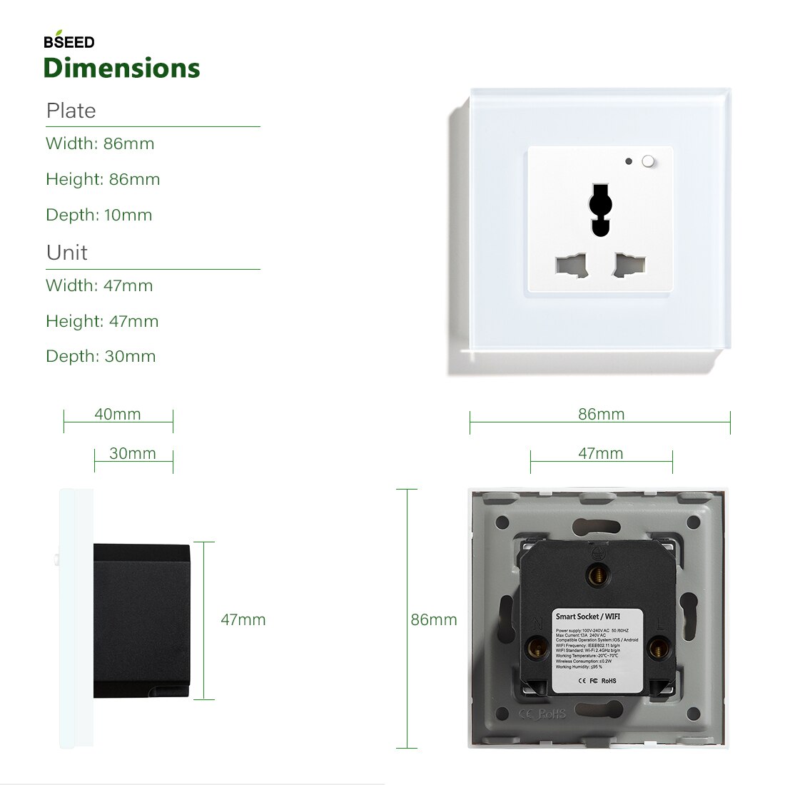 BSEED Wifi Multifunction Socket Wall Socket Smart Outlet Black White Gloden Crystal Panel 13A Power Socket For Smart House