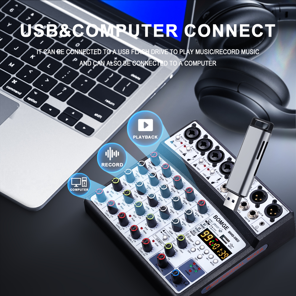 BOMGE Mezclador de audio de 6 canales Consola mezcladora portátil Interfaz USB Tarjeta de sonido con 99 DSP Echo 48V Phantom Power