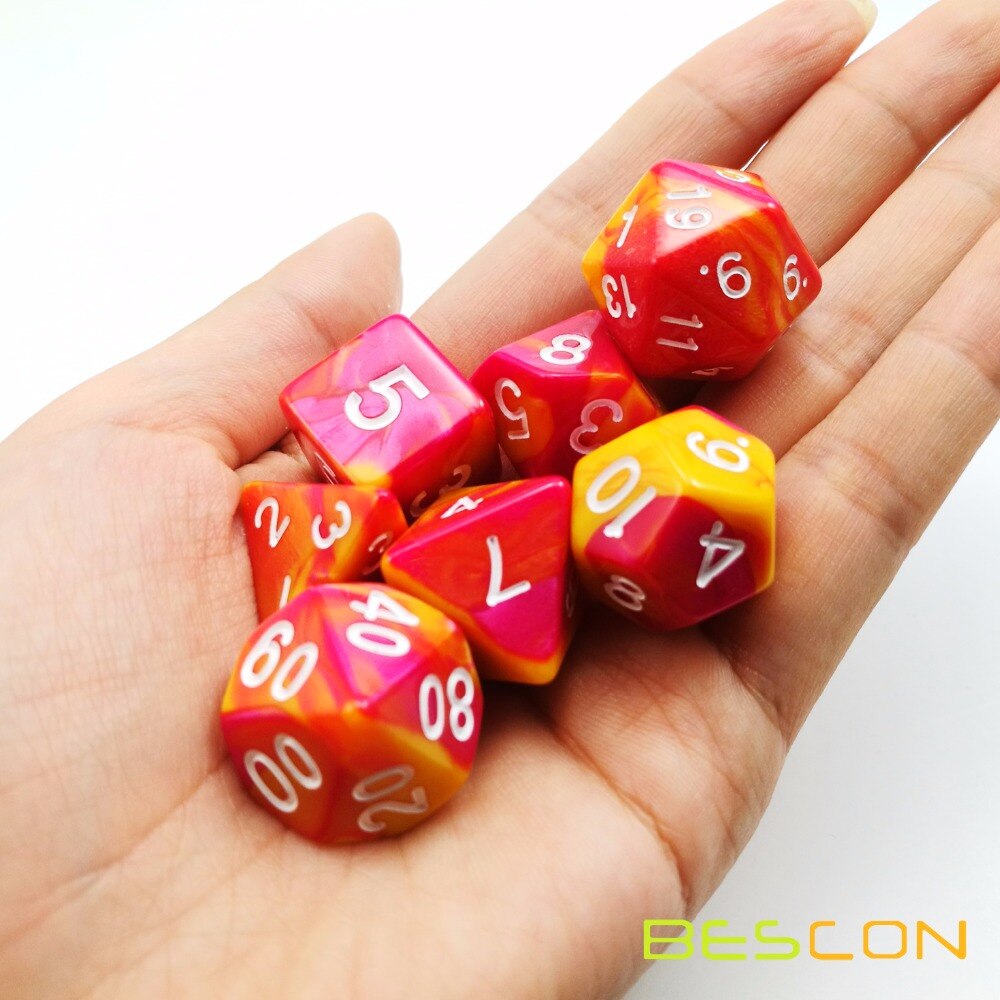 Bescon Gemini Polyhedrale Dobbelstenen Set Sunglow, twee Tone RPG Dobbelstenen Set van 7 d4 d6 d8 d10 d12 d20 d % Baksteen Box Pack