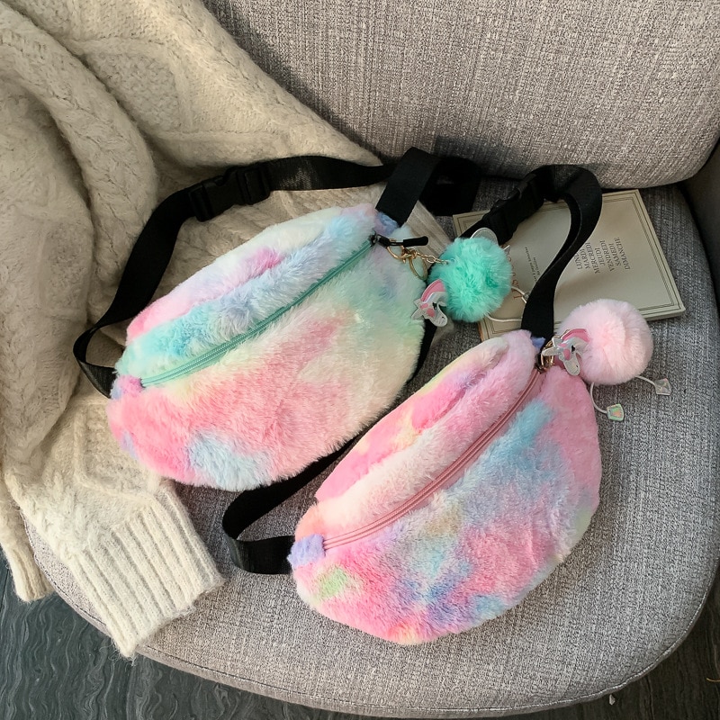 Tie dye plysch kvinnor midjeväska vinterpåsar telefonpåse casual dubbel dragkedja bältesväska crossbody axelbröstpaket