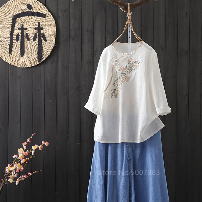 Kvinder kinesisk tang jakkesæt top traditionel stil kvindelig te ceremoni linned outfit blomster broderi kostumer piger bluser skjorter: Hvid