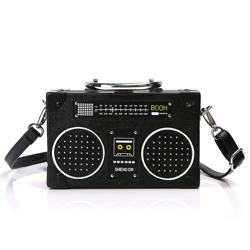 Sjov sort radio stil pu læder dame clutch taske skulder taske håndtaske kvinde crossbody mini messenger taske punge