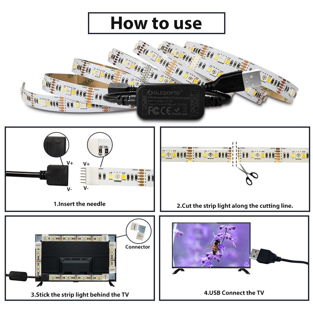 Gledopto zigbee kontroller mini smart tv led strip light kit 5v usb rgb+cct datamaskin led strip light work with zigbee hub echo