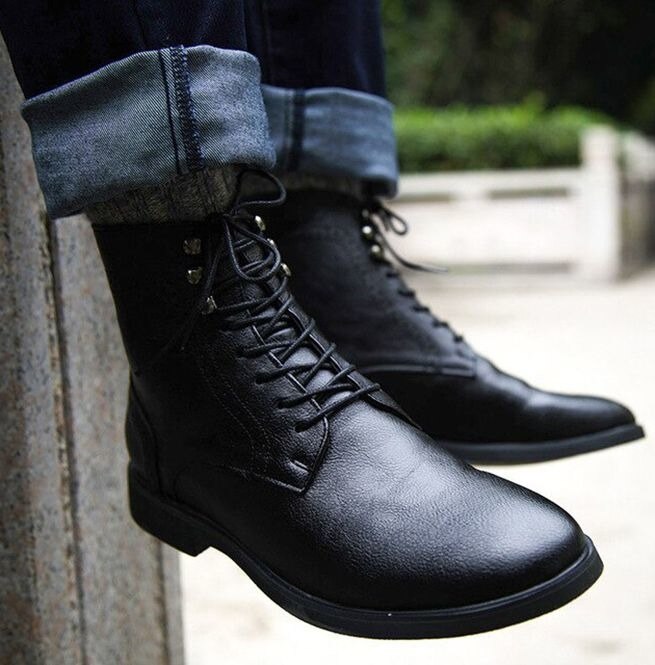 Botas de cuero sintético con tacón bajo para hombre, zapatos informales de encaje, con punta redonda, estilo Martin, 4M024