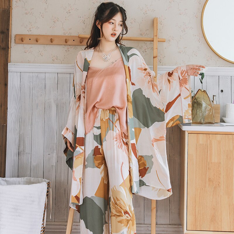Ukiyo-e-Kimono japonés para mujer, traje de pijama de grulla Vinatge Yukata, abrigo + Top + Pantalones, ropa asiática Haori Samurai Harajuku, 3 uds.