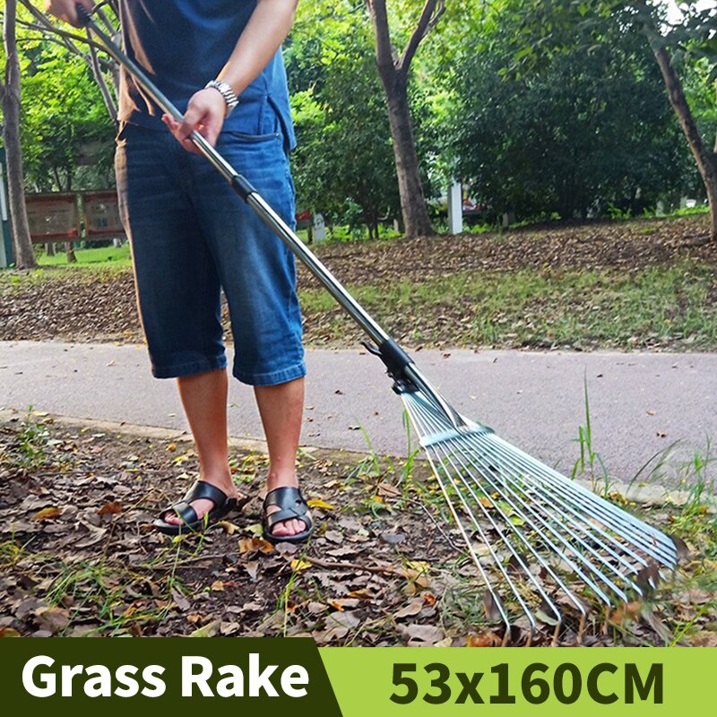 Adjustable 15 Teeth Steel Wire Garden Lawn Rake Agricultural Tools Stainless Steel Deciduous Rake Outdoor Round Head Grass Rake