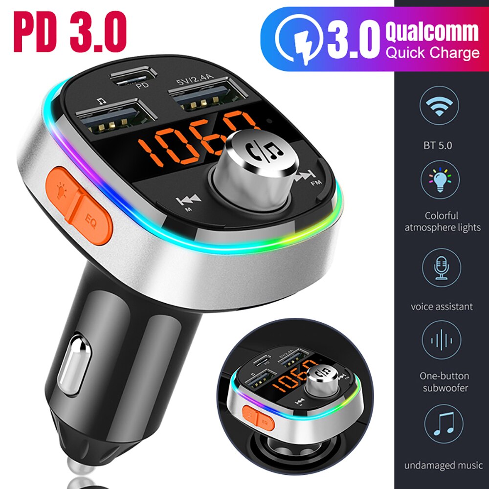 VicTsing Universal Bluetooth FM Transmitter 7 LED Colors Car Wireless Adapter Radio Transmitter USB-C with PD 3.0 Port for Car