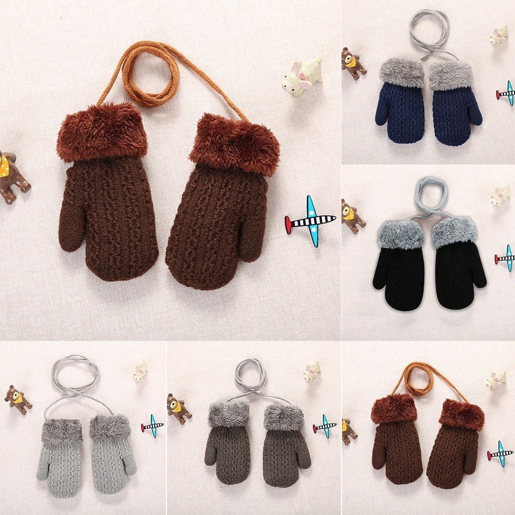 Kids Herfst Winter Gebreide Warme Handschoenen Meisjes Jongens Outdoor Winter Patchwork Warm Houden Wanten Handschoenen Bont Sneeuw Touw Handschoenen Zwart