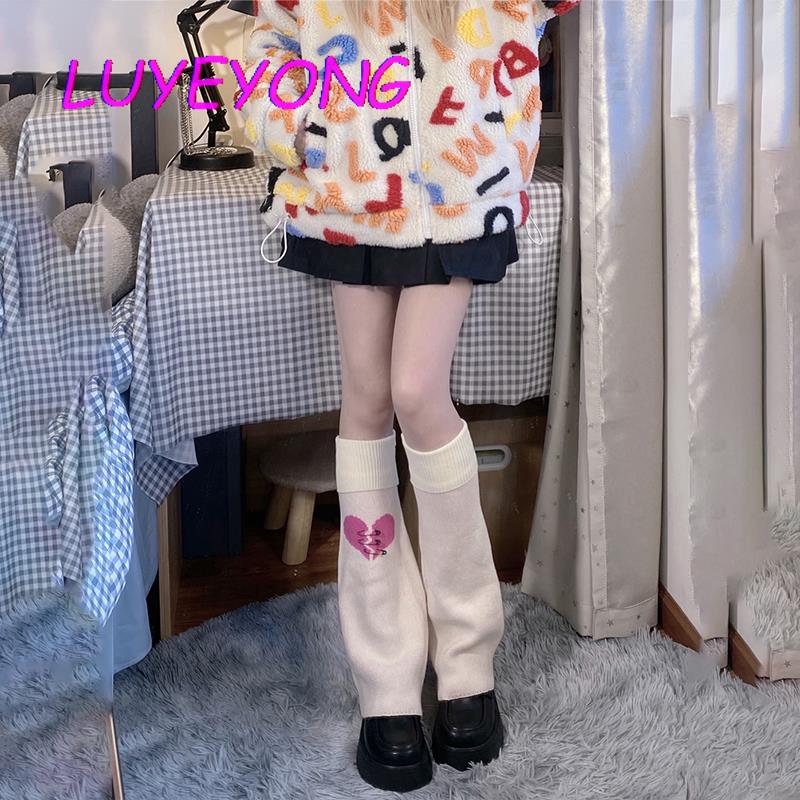 Korean Harajuku Chic Leg Warmer Y2k Girl Beige Black Knit Warm Socks With Heart Cobweb Sweet Lady Knitted Foot Cover 2022 Spring