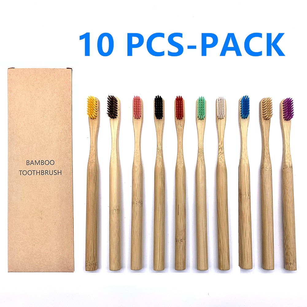10Pcs Natural Toothbrush Eco-Friendly Rainbow Bamboo Medium Bristle Biodegradable Teeth Brush Solid Bamboo Handle Toothbrush