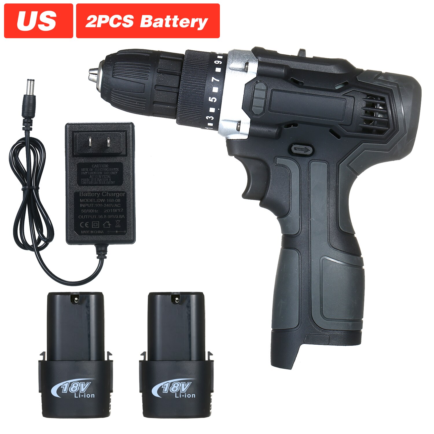 18V 2 Speed Cordless Electric Screwdriver Cordless Drill Machine Battery Power Tools Fast Charger 15+1 Clutch Max 50Nm Torque: US 2PCS Battery