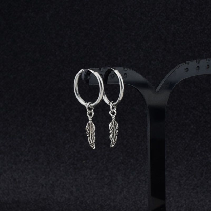 Boucles d'oreilles Kpop pour garçon, Hip Hop, feuille de titane, plume, pendentif, cerceau, goutte, bijoux coréens