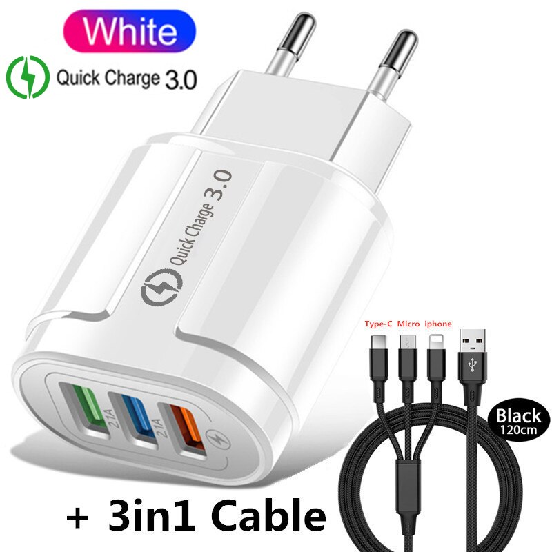 3 Poorten Snelle Usb Charger Cable Telefoon Snellader 3.0 5V 3A Eu/Us Plug Wall Charger Voor samsung Apple Iphone Sony Xiaomi Huawei: EU 3in1 Cable  White