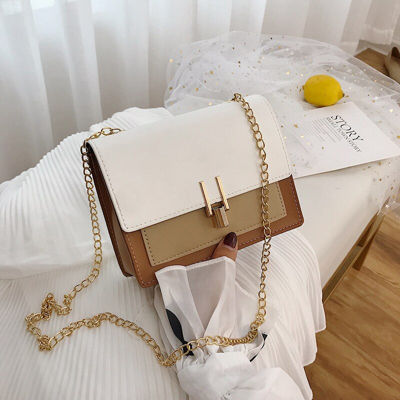 Contrast Color Mini PU Leather Crossbody Bags For Women Woman Shoulder Messenger Bag Travel Lady Flap Handbag: White