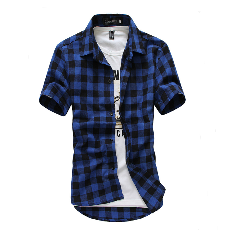 Koreaanse heren geruite overhemd zomer casual korte mouwen katoenen herenoverhemden kleding  y2062: Navublauw / M
