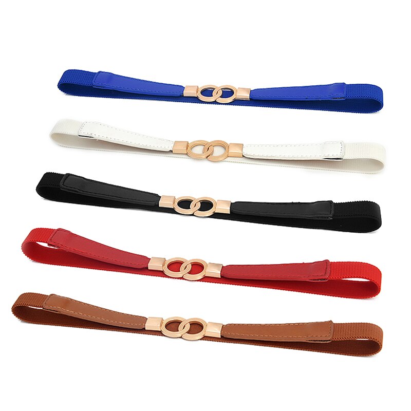 Dobbel ring gull spenne belte for kvinner elastisk nylon dame kjole midje belte stropp svart rød skinny stretch kvinnelig linning