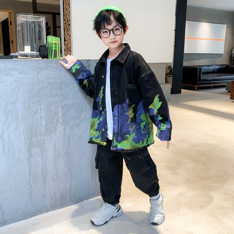 Herfst Kinderkleding Jongens Zwarte Jas Tiener Jongens Print Casual Jas Kids Turn-Down Kraag Vest Tops 6 8 10 12 14 Jaar