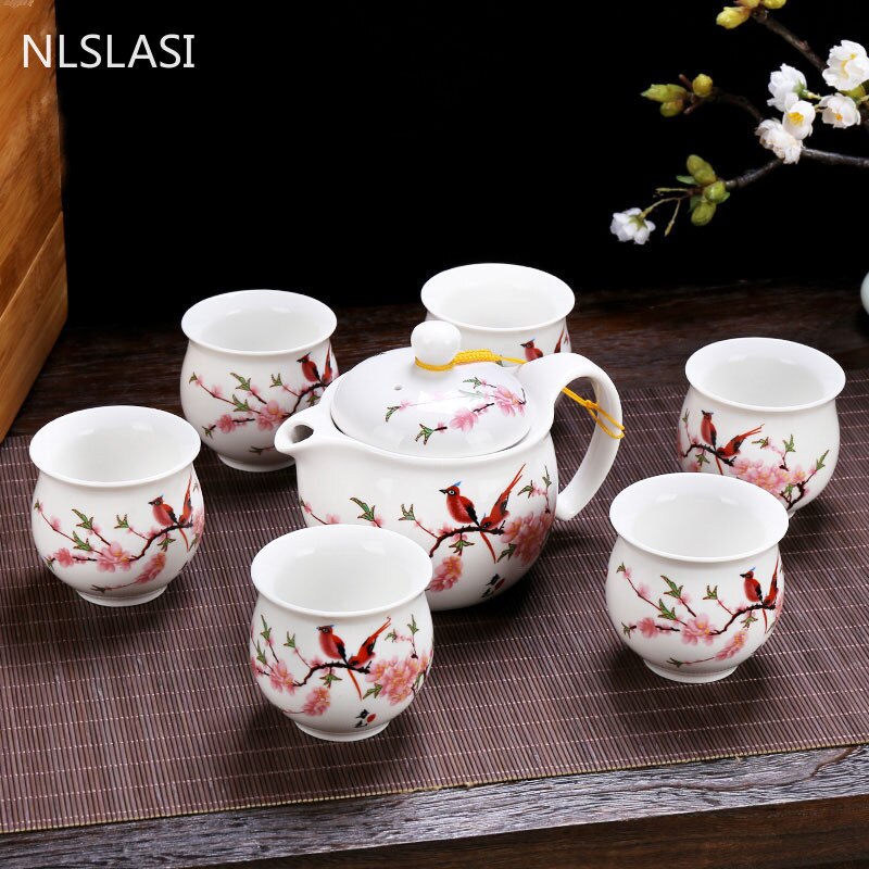 7 pcs/set Chinese Ceramic Tea sets Exquisite porcelain Teapot kettle double anti-scalding Teacups Household Teaware Drinkware