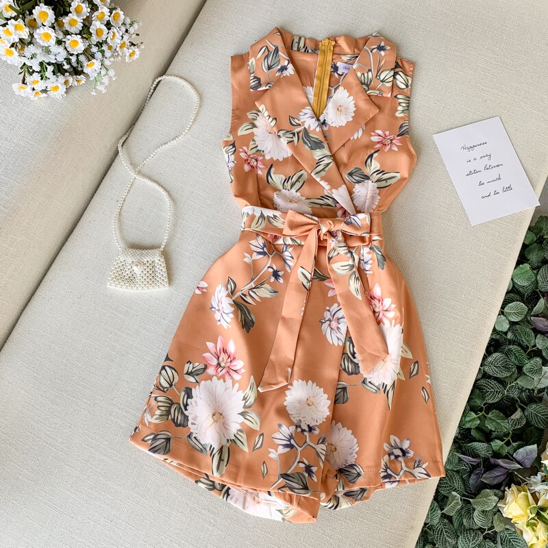 Sommer bukser dame jumpsuit ærmeløs print slim casaul bodysuit dame strand jumpsuit kort