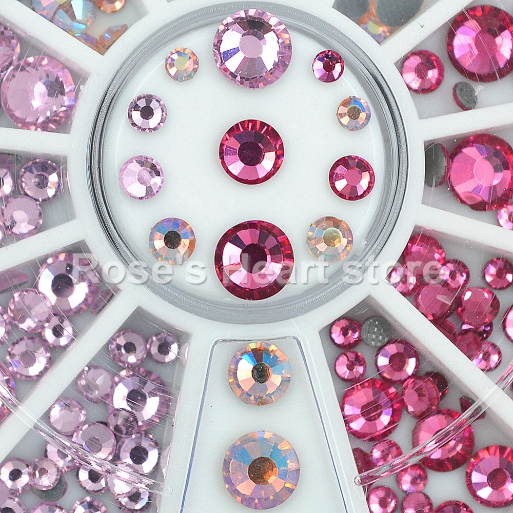 Gemengde maten roze Crystal Nail Steentjes Platte Bodem Ronde 3D Decor Wiel Manicure glitter Nail Art Decoraties 2mm om 6mm