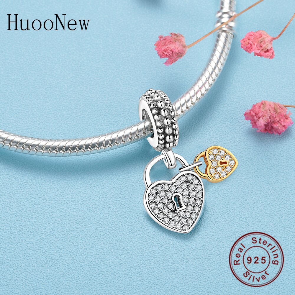 Fit Original Charms Clear Crystal CZ Two Hearts Gold Lock Heart Beads Dangle Jewelry 925 Sterling Silver Jewelry Pendant