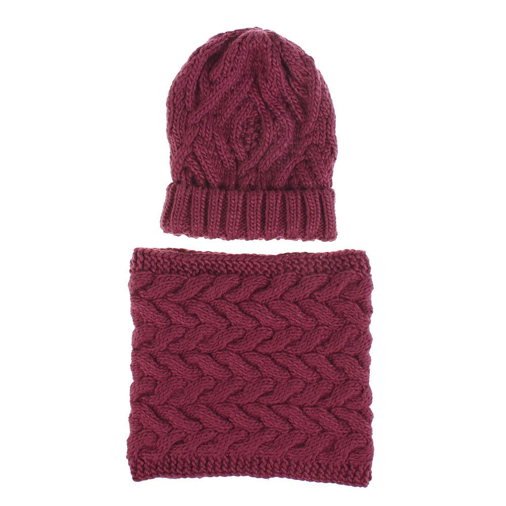 Wintersjaal muts set gebreide muts voor dames winter warme stretch gebreide muts volwassen outfit meisjes gebreide muts met sjaal  wh108d: Wijn