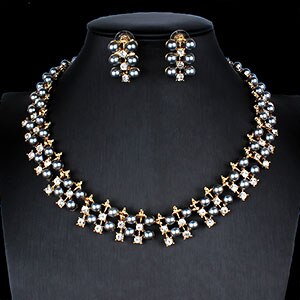 jiayijiaduo Imitation pearl jewelry set for women dress accessories necklace earrings set engagement girl gold color: 3