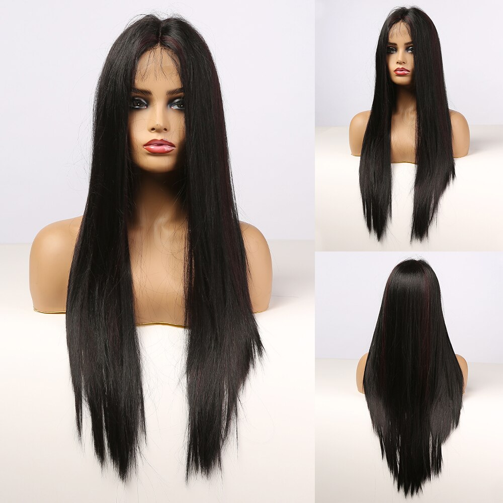 ALAN EATON Middle Part Cosplay Black Lace Wigs for Women Natural Long Straight Synthetic Lace Front Hair Heat Resistant Fiber: bl66043-1