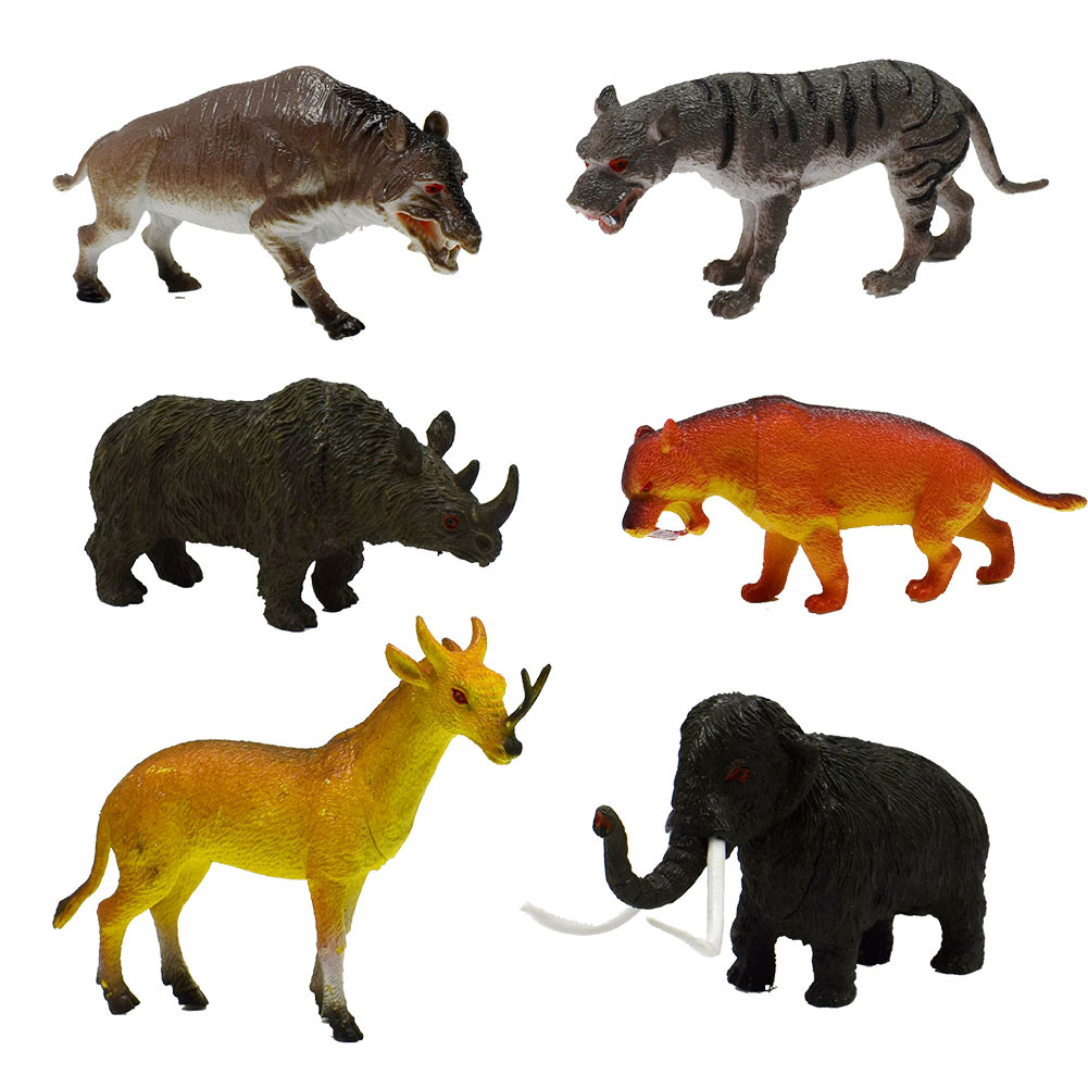 Zes-Pvc Plastic Model Langharige Olifant Sabeltandtijger Rhino Prehistorische Dier Model Speelgoed