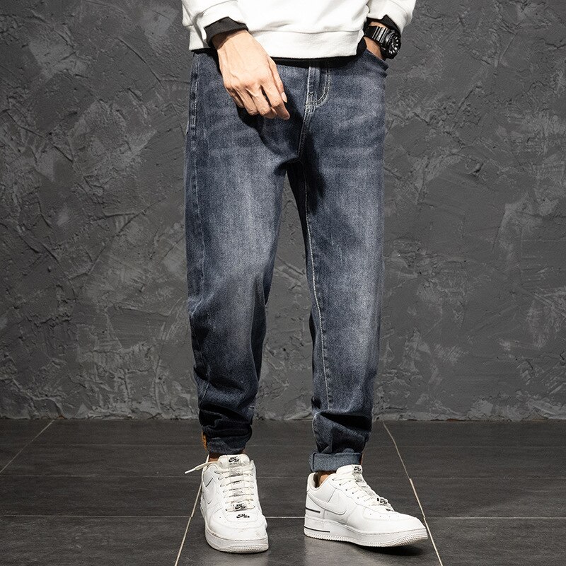 Plus størrelse 6xl 7xl mænds beklædte jeans elastisk talje lige harembukser street loosemen denim bukser