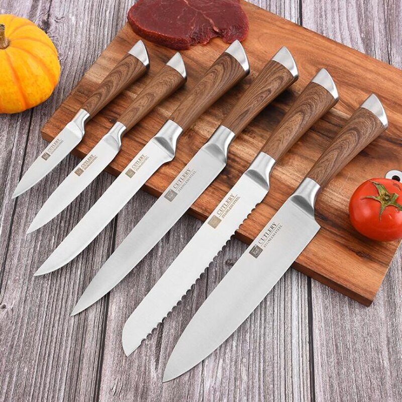 Little Cook 6 Stuk Handgemaakte Japanse Keukenmessen Set Sharp Vaste Blade Officemes Utility Cleaver Sushi Koksmes Koken gereedschap