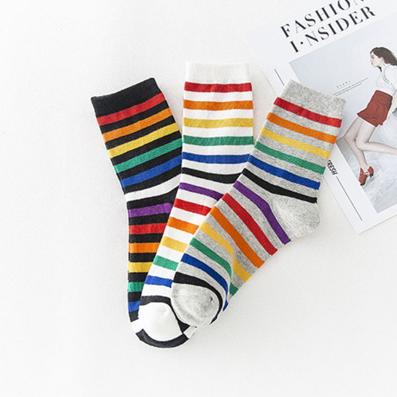Women Teen Girls Harajuku Rainbow Striped Crew Socks Preppy Style Hip-Hop Skateboard Cotton Novelty Sports Short Tube Hosiery