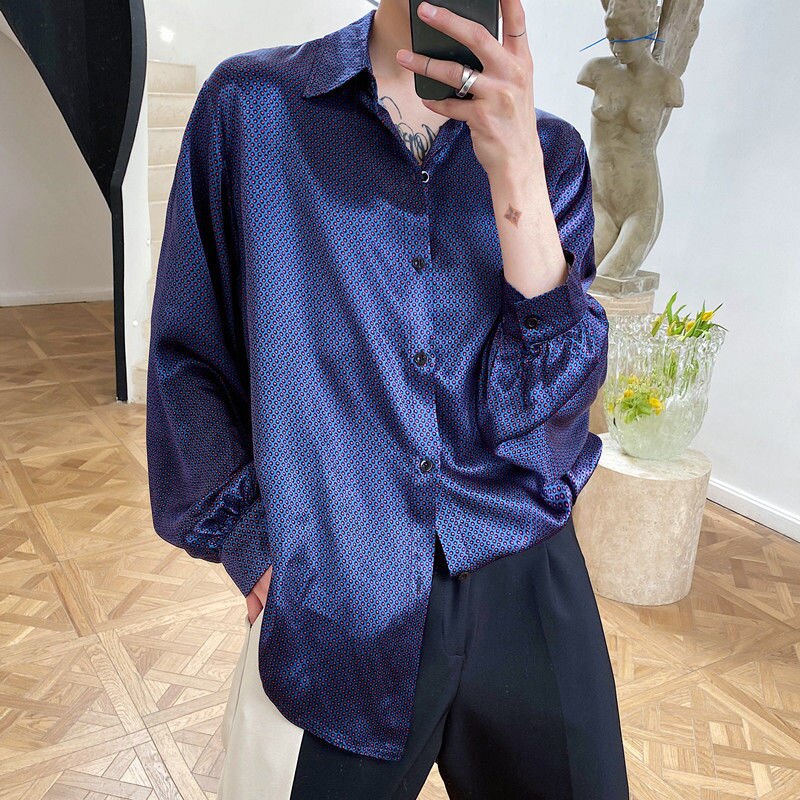 Spring And Autumn Youth Popular Men's Satin Loose Long-sleeved Shirt Casual Polka Dot Shirt Dark Blue M-XL: M