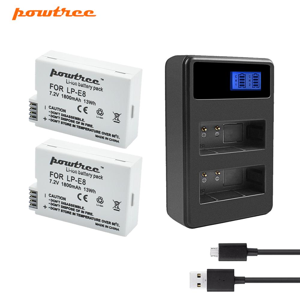 Powtree-batería para Canon LP-E8 LP E8 LPE8 DSLR, batería para cámara Digital + cargador de repuesto EOS 600D 650D 550D 700D T4i T5i Rebel: 2 Dual LCD