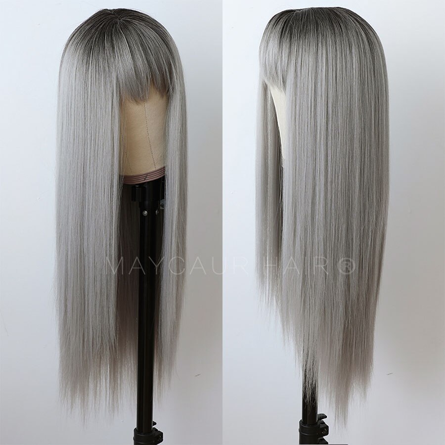 Maycaur Ombre Grey Long Straight Wigs for Women Black Gray Synthetic Hair Wigs with Bangs