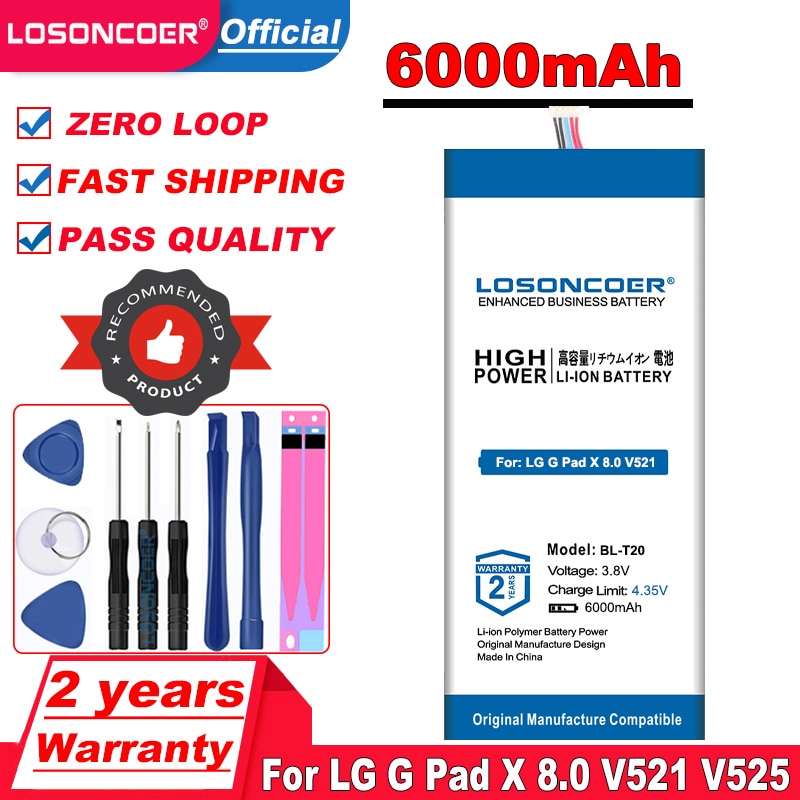 LOSONCOER 6000mAh BL T20 BL-T20 Battery For LG G Pad X 8.0 V521 V525 Table PC Battery Free tools