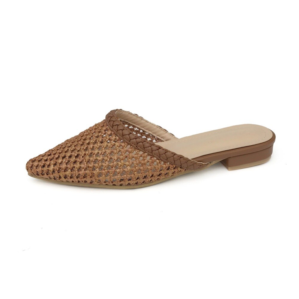 Vrouwen Wees Lage Hak Slippers Zomer Riet Geweven Rotan Gras Sandalen Strand Schoenen Vrouwen Slippers Platte Schoenen slides: Brown / 8.5